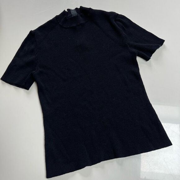 Vintage 1990s St. John Knit Black Ribbed Mock Neck Short Sleeve Back Zip Blouse - Picture 7 of 8